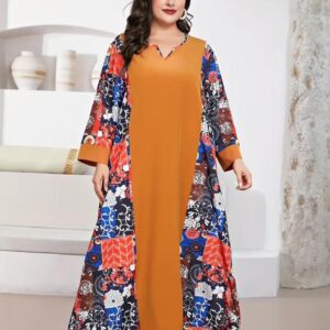 Plus Size Boho Dress, Women's Plus Colorblock Floral Print Long Sleeve Notched Neck Maxi Dress